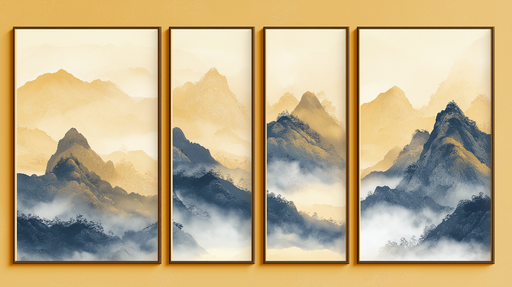 Papier peint montagnes brumeuses Paysages apaisants aux teintes dorées et bleues