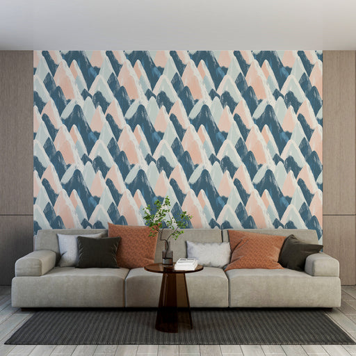 Un salon moderne avec un papier peint aux motifs de vagues colorées dans des teintes de bleu, rose et vert, créant une ambiance dynamique et apaisante.
