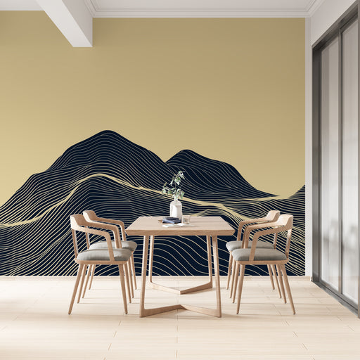 Papier peint design minimaliste avec montagnes aux lignes ondulées pour salle à manger moderne