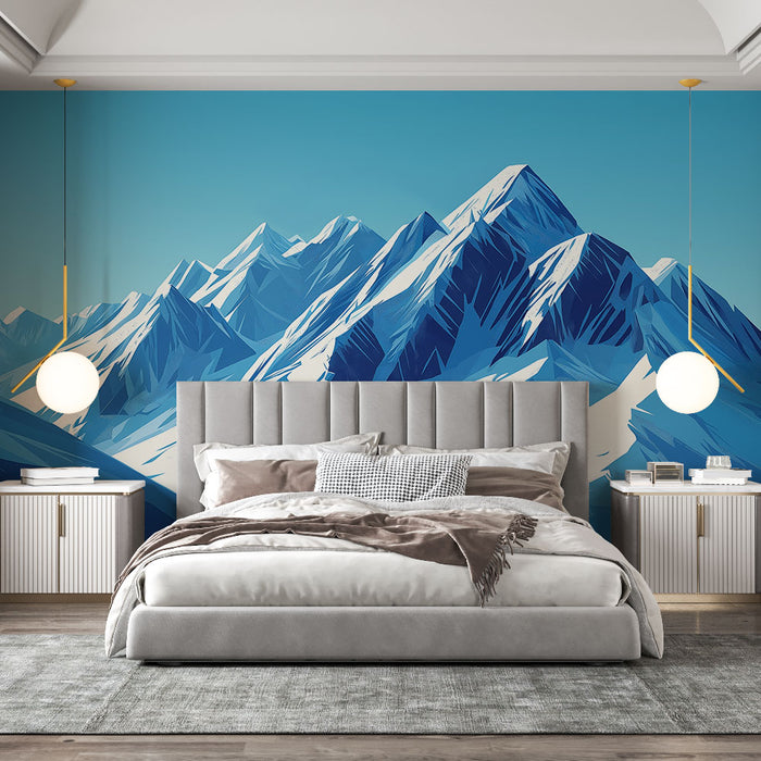 Papier peint montagnes enneigées | Paysage alpin stylisé aux nuances de bleu