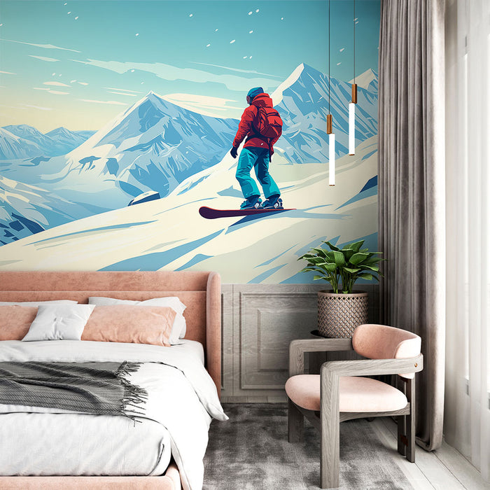 Papier peint montagnes enneigées | Un paysage hivernal inspirant avec un snowboarder dans les Alpes