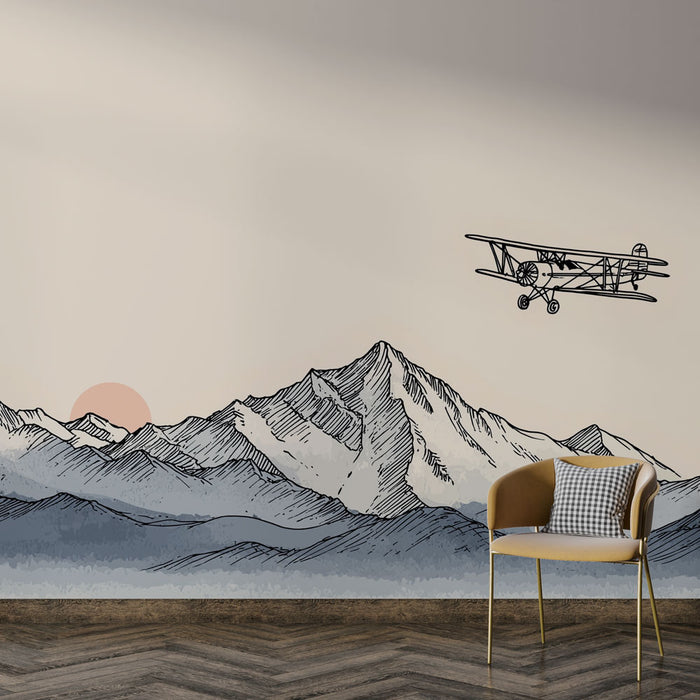 Une chambre moderne avec un papier peint représentant des montagnes stylisées en dégradé de bleu, surmontées d'un avion vintage, créant une ambiance aventureuse et apaisante.