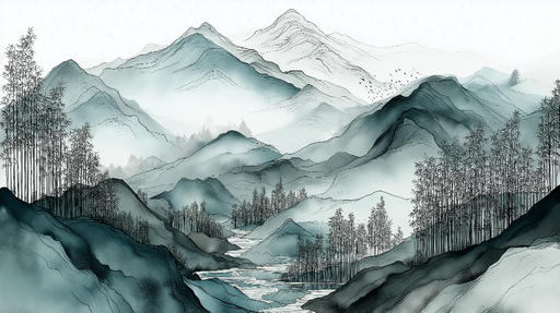 Papier peint montagnes et bambous Paysage avec des montagnes et des bambous délicats