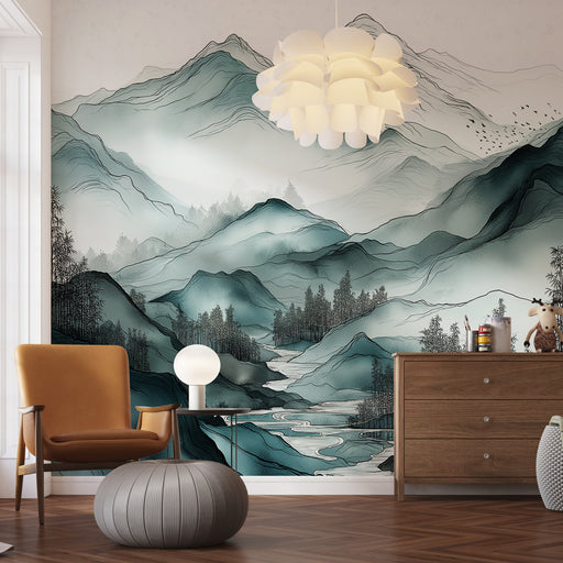 Une pièce moderne avec un papier peint représentant des montagnes stylisées en nuances de bleu et de vert, créant une atmosphère apaisante et contemplative.