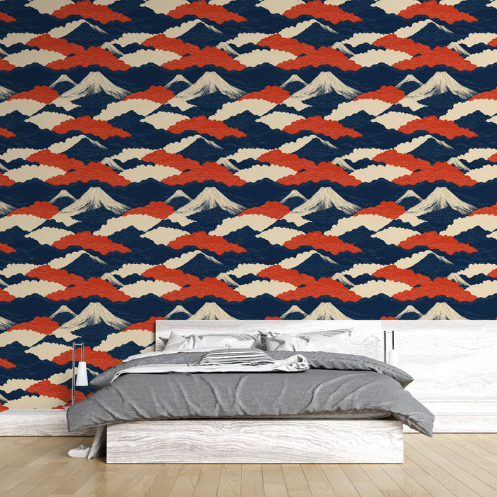 Une chambre moderne avec un papier peint aux motifs de montagnes stylisées et de nuages rouges sur fond bleu marine, créant une ambiance dynamique et inspirante.