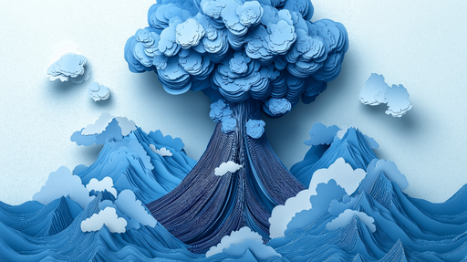 Papier peint montagnes et nuages Paysage stylisé en papier découpé avec des nuances de bleu