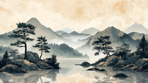 Papier peint montagnes et rivières Paysage serein avec arbres et brume