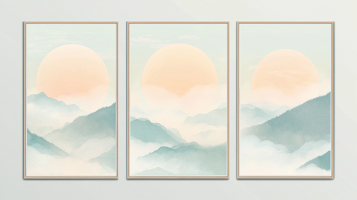 Papier peint montagnes et soleil Nuances douces de couchers de soleil et brume légère