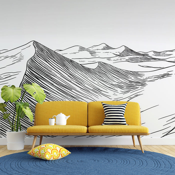 Papier peint montagnes | Illustration linéaire de paysages alpins