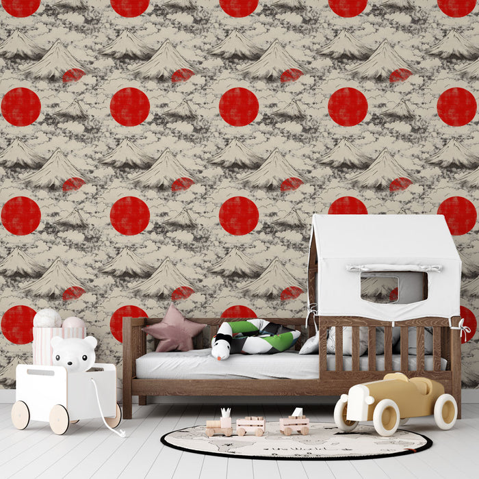 Une chambre d'enfant avec un papier peint inspiré du Japon, représentant des montagnes stylisées et des cercles rouges sur fond beige, créant une ambiance ludique et culturelle.