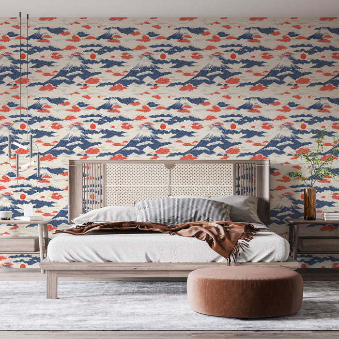 Une chambre contemporaine avec un papier peint inspiré du Japon, représentant des montagnes bleues et des nuages rouges sur fond clair, créant une atmosphère sereine et poétique.