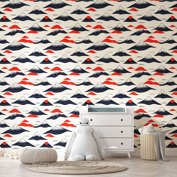 Une chambre d'enfant avec un papier peint représentant des montagnes stylisées en noir et blanc, agrémentées de touches rouges évoquant une ambiance ludique et dynamique.