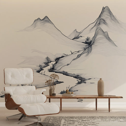 Une pièce moderne avec un papier peint représentant des montagnes stylisées en noir sur fond clair, créant une atmosphère zen et apaisante.