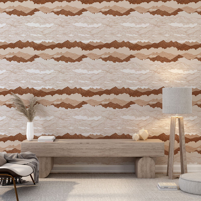 Une pièce lumineuse avec un papier peint aux motifs de montagnes en dégradés de beige et brun, créant une ambiance chaleureuse et naturelle.
