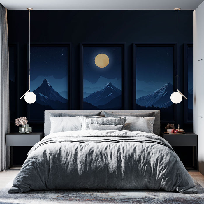 Une chambre moderne avec un papier peint représentant des montagnes sous un ciel nocturne étoilé, créant une ambiance apaisante et mystérieuse.
