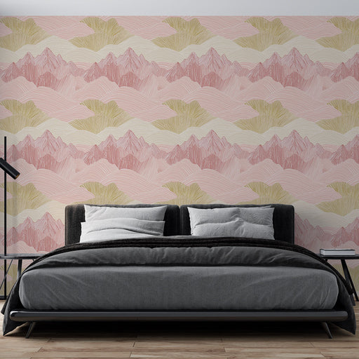 Une chambre moderne avec un papier peint représentant des montagnes stylisées en rose et vert, créant une ambiance douce et apaisante.