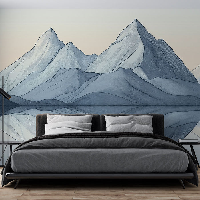 Une chambre moderne avec un papier peint représentant des montagnes stylisées en nuances de bleu, créant une atmosphère sereine et apaisante.