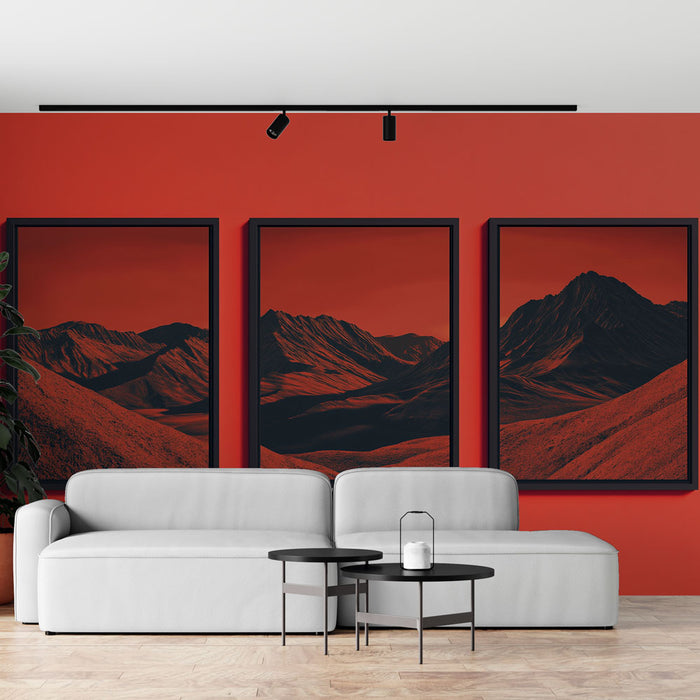 Papier peint montagnes rougeoyantes | Paysage montagneux stylisé en nuances de rouge