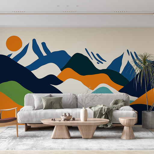 Papier peint montagnes stylisées avec couleurs vives et motifs abstraits pour salon moderne