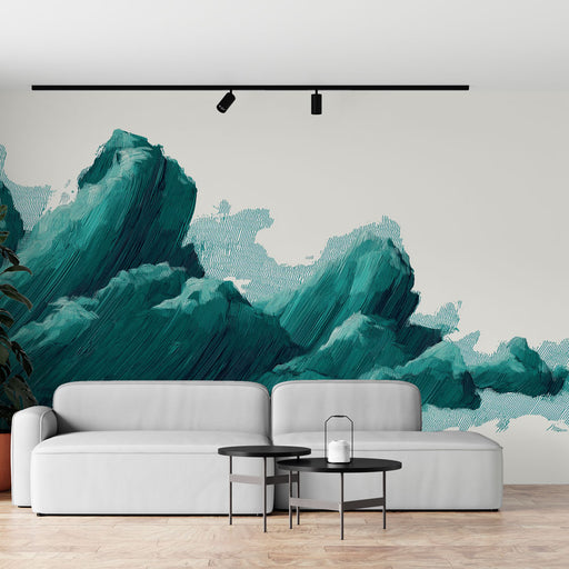 Un salon contemporain avec un papier peint représentant des vagues turquoise stylisées sur fond clair, créant une atmosphère apaisante et artistique.