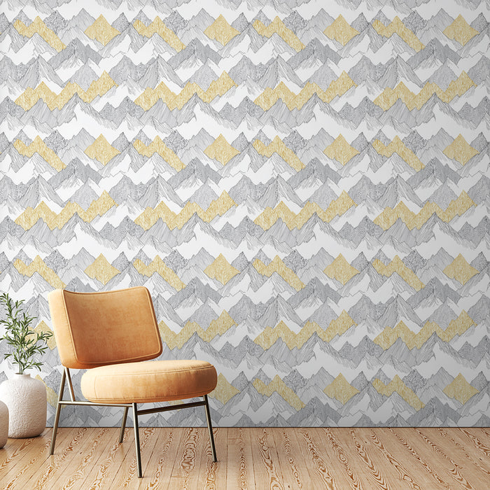 Une pièce moderne avec un papier peint graphique en zigzag mêlant des motifs de montagnes grises et dorées sur fond blanc, créant une ambiance dynamique et élégante.