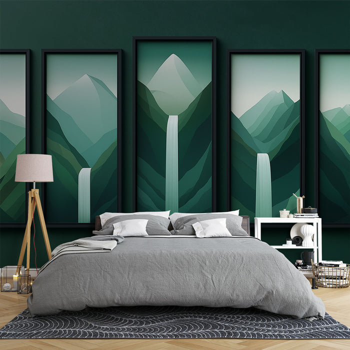 Une chambre moderne avec un papier peint représentant des montagnes stylisées en dégradés de verts et des cascades, créant une atmosphère apaisante et naturelle.