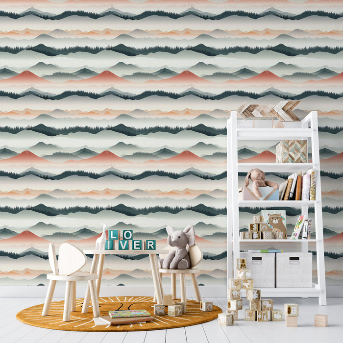 Une chambre d'enfant avec un papier peint représentant des montagnes aux teintes douces de vert, rose et bleu, créant une atmosphère apaisante et naturelle.