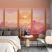 Une chambre élégante avec un papier peint représentant des montagnes pastel et un soleil rayonnant, créant une atmosphère douce et apaisante.