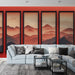 Un salon moderne avec un papier peint représentant des montagnes en dégradé de rouge et beige, créant une atmosphère chaleureuse et accueillante.