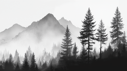 Papier peint montagneux Silhouettes d'arbres dans une brume mystique