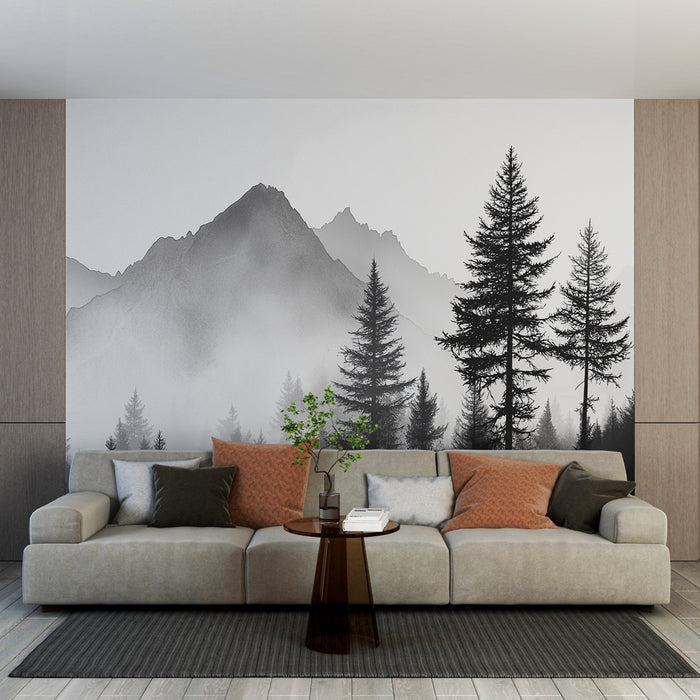 Un salon moderne avec un papier peint représentant des montagnes en noir et blanc, évoquant une atmosphère calme et naturelle, agrémenté de silhouettes d'arbres majestueux.