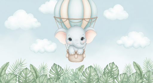 Papier peint montgolfière Eléphant mignon flottant dans les nuages au-dessus d'une jungle tropicale
