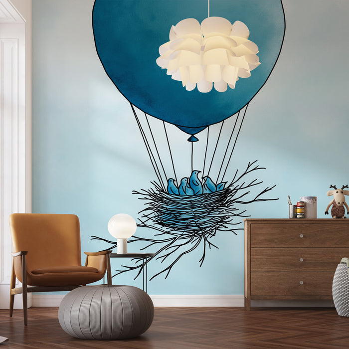 Une chambre moderne avec un papier peint illustrant un ballon bleu sur fond bleu clair, créant une atmosphère ludique et aérienne.