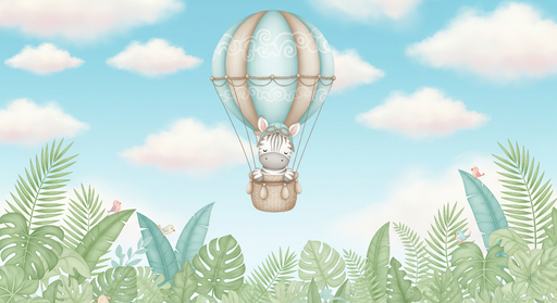 Papier peint montgolfière Un zèbre rêveur s'envolement dans un ciel pastel