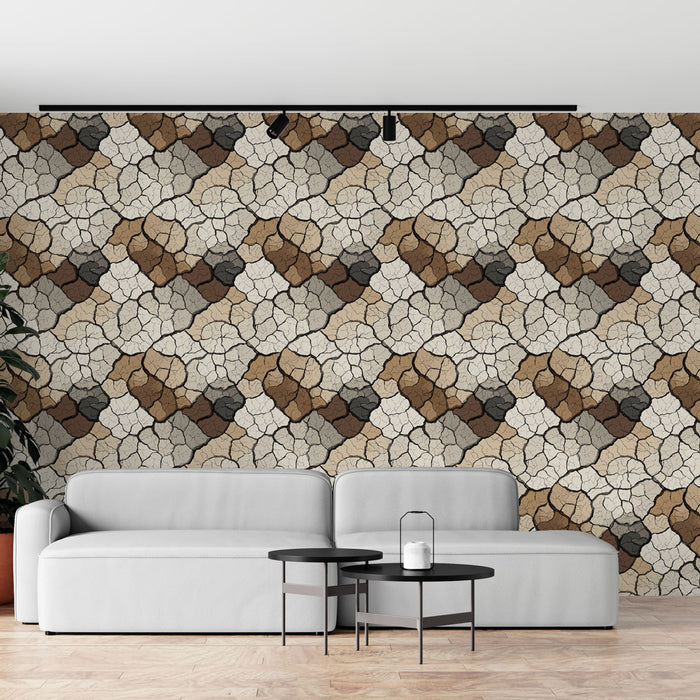 Un salon moderne avec un papier peint aux motifs géométriques en tons terreux, créant une atmosphère chaleureuse et accueillante.