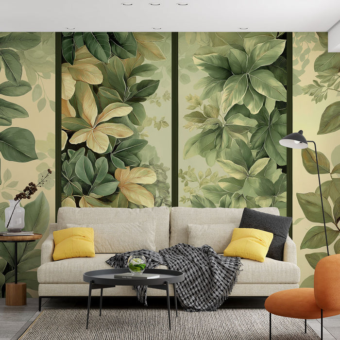 Une pièce moderne avec un papier peint botanique aux motifs luxuriants de feuilles vertes et dorées, créant une ambiance apaisante et naturelle.