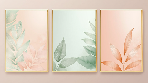 Papier peint motif feuilles Trio de feuilles pastel avec touches dorées