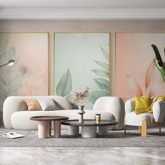Un salon moderne avec un papier peint aux teintes douces de vert et de rose, illustrant des feuilles délicates qui créent une atmosphère apaisante et naturelle.