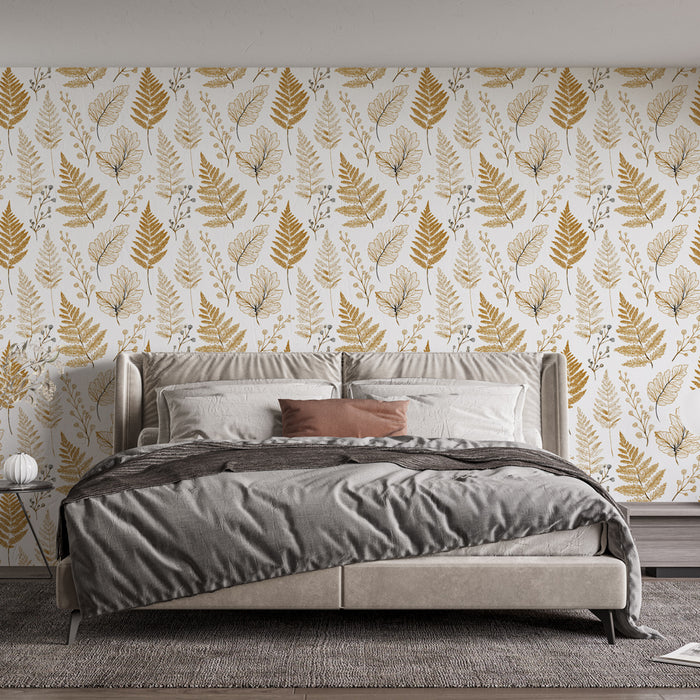 Une chambre élégante avec un papier peint floral aux motifs de feuilles dorées et blanches, créant une atmosphère chaleureuse et naturelle.