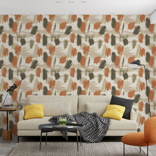 Un salon moderne avec un papier peint abstrait aux teintes chaudes d'orange, vert et beige, créant une ambiance dynamique et accueillante.