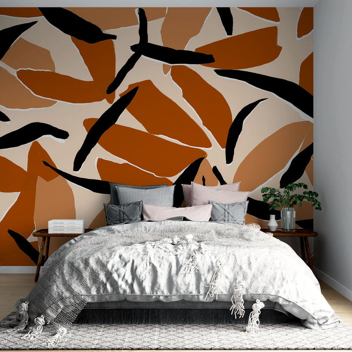 Une chambre moderne avec un papier peint abstrait aux motifs organiques dans des teintes terracotta et noir, créant une atmosphère chaleureuse et contemporaine.