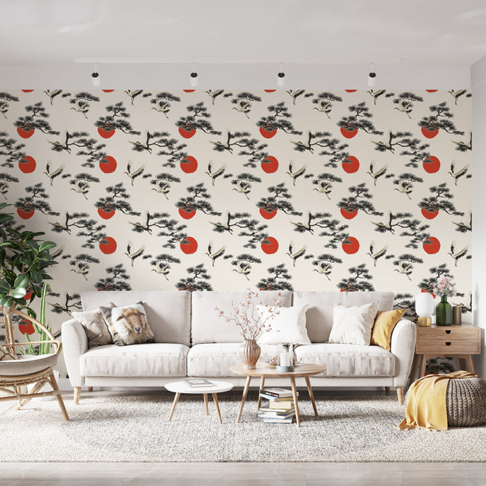 Un salon moderne avec un papier peint inspiré du Japon, présentant des motifs de pins noirs et des cercles rouges sur fond crème, créant une atmosphère zen et harmonieuse.