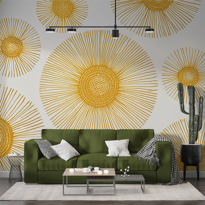Un salon moderne avec un papier peint graphique aux motifs de grandes fleurs jaunes sur fond blanc, créant une ambiance chaleureuse et dynamique.