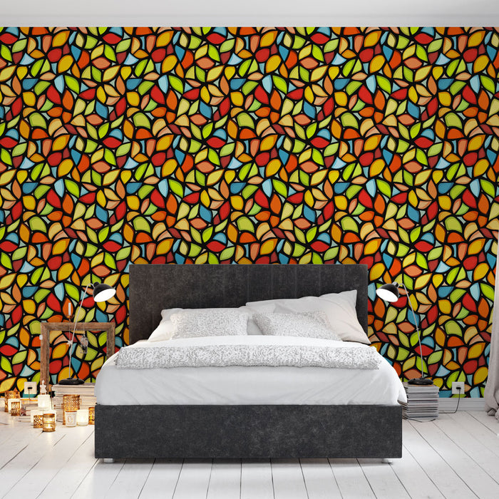 Une chambre moderne avec un papier peint coloré aux motifs de feuilles stylisées dans des teintes vives de rouge, vert et orange, créant une ambiance dynamique et chaleureuse.
