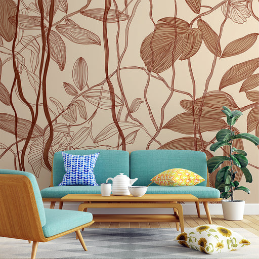 Un salon moderne avec un papier peint aux motifs de feuilles stylisées en brun sur fond beige, créant une ambiance chaleureuse et naturelle.