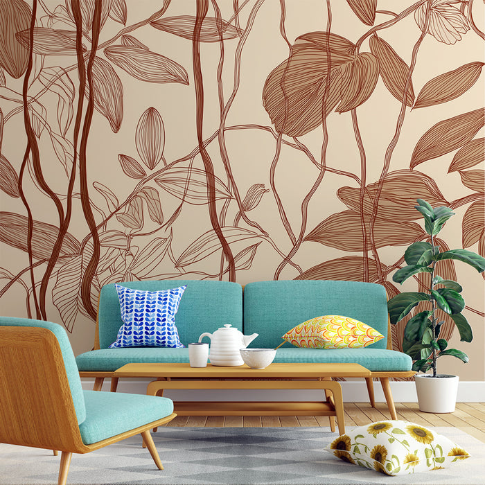 Un salon moderne avec un papier peint aux motifs de feuilles stylisées en brun sur fond beige, créant une ambiance chaleureuse et naturelle.