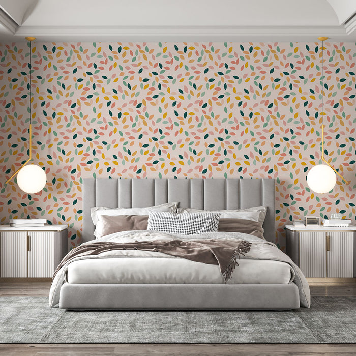 Une chambre moderne avec un papier peint aux motifs de feuilles colorées sur fond rose, créant une atmosphère chaleureuse et accueillante.