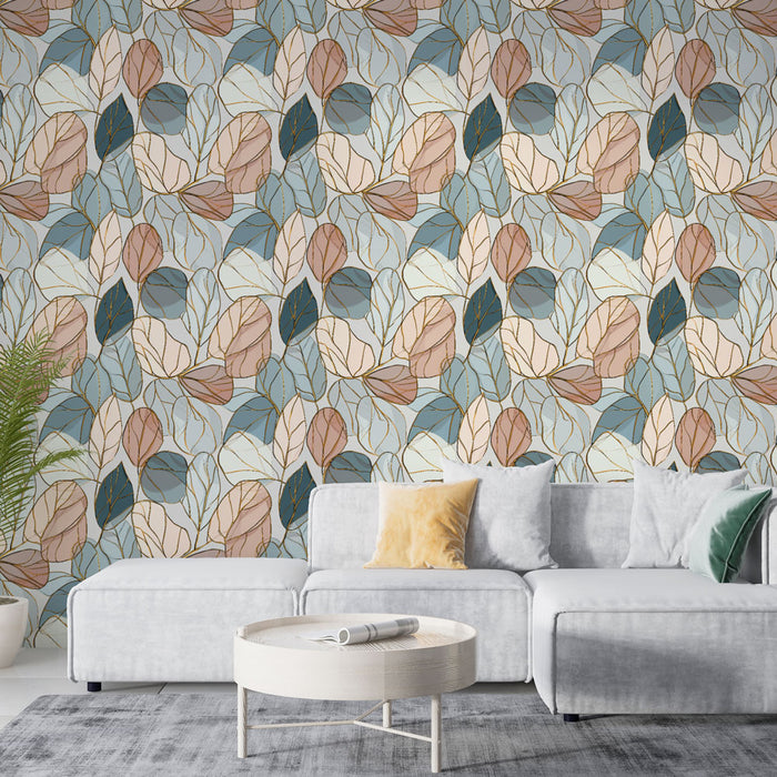 Une pièce moderne avec un papier peint aux motifs de feuilles stylisées dans des teintes douces de rose, bleu et beige, créant une atmosphère apaisante et élégante.