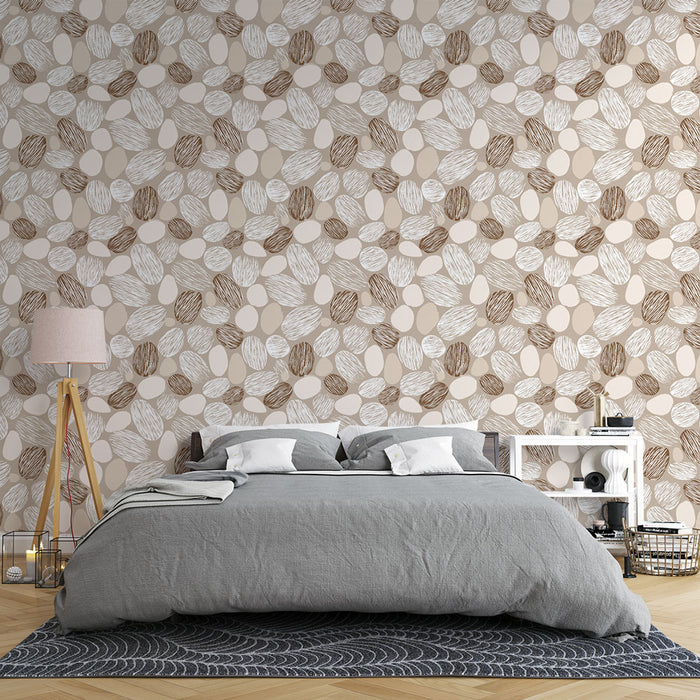 Une chambre moderne avec un papier peint aux motifs organiques de formes ovales en beige et marron, créant une atmosphère douce et chaleureuse.