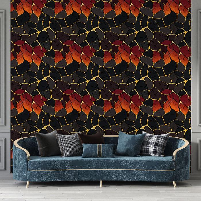Un salon moderne avec un papier peint aux motifs de pierres colorées, mêlant noir, rouge et orange, créant une ambiance chaleureuse et dynamique.
